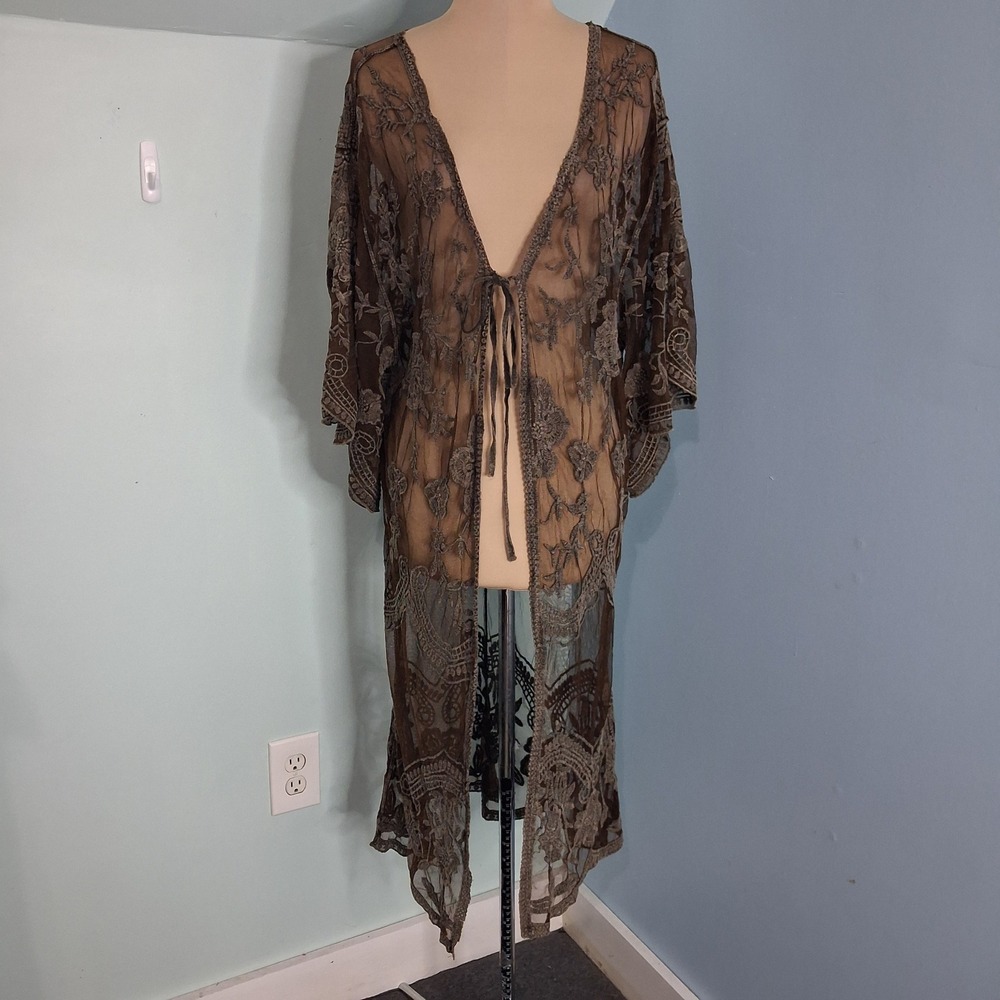 Origami by Vivien Brown Sheer Mesh Floral Embroidered Duster Cardigan Kimono OS